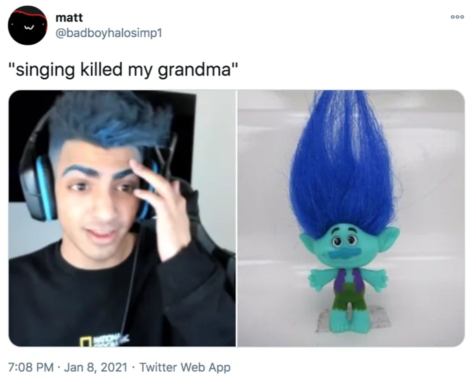 Singing Killed My Grandma — Tweet comparing a blue-haired man in headphones to a blue-haired troll doll