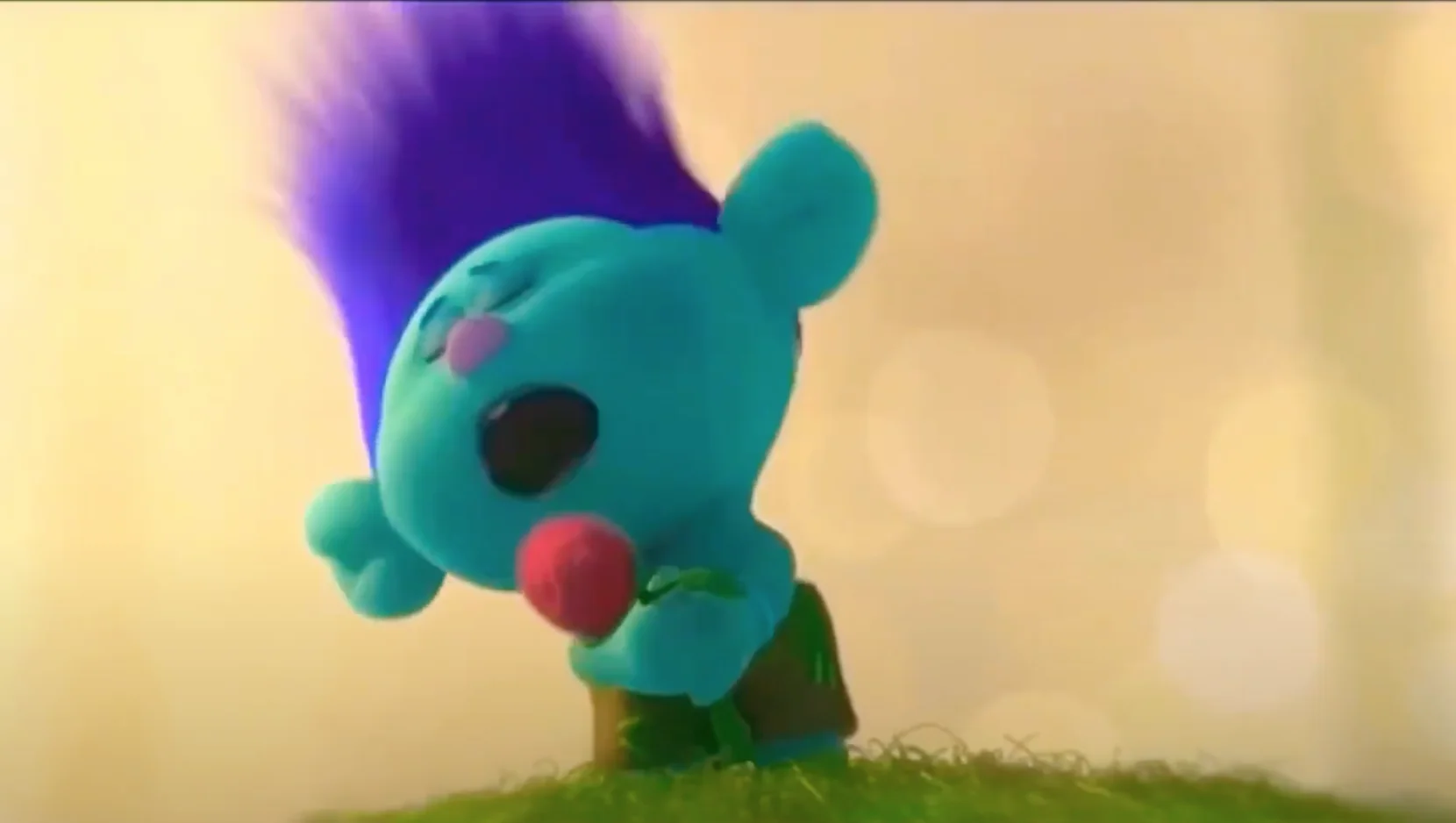 Singing Killed My Grandma — Blue troll with purple hair singing with eyes closed while holding a red apple