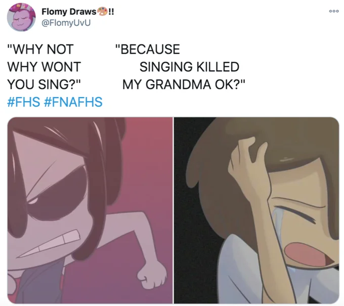 Tweet with two anime-style illustrations recreating the singing killed my grandma exchange
