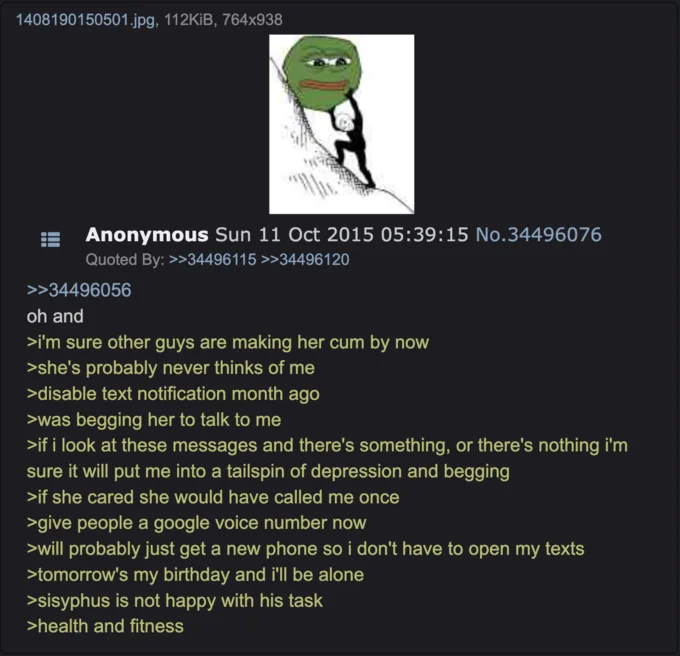 Sisyphus Pushing a Boulder — 4chan greentext post featuring Pepe-Sisyphus and the line 'sisyphus is not happy with his task'
