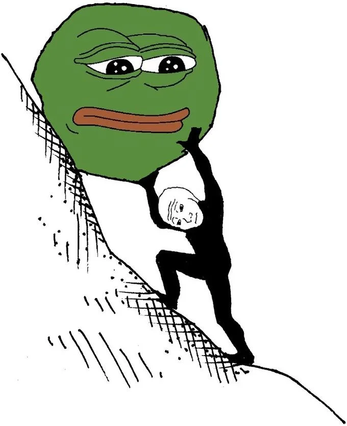 Pepe the Frog drawn as Sisyphus pushing a boulder up a hill