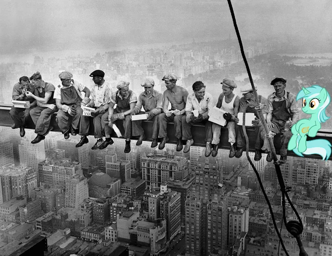 Sitting Lyra — Lyra sitting on a steel beam with construction workers over New York City