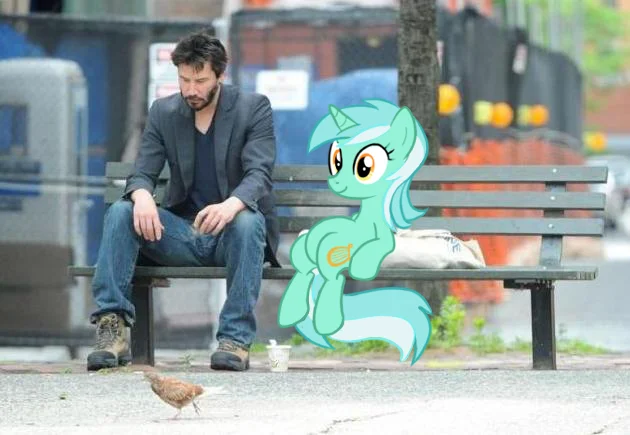 Sitting Lyra — Lyra sitting on a park bench next to Sad Keanu Reeves