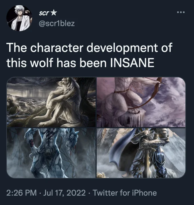 Tweet screenshot joking about the Sitting Wolf's character development across four fantasy artworks