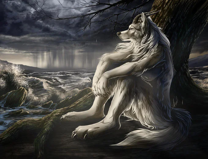 Sitting Wolf — Anthropomorphic white wolf sitting pensively by the ocean at dusk