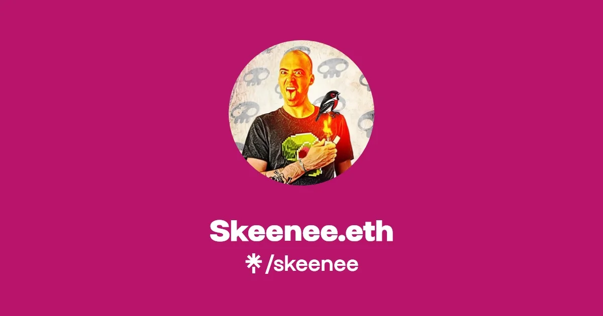 A profile portrait of Skeenee holding artwork against a magenta background with his name and Ethereum handle prominently featured.