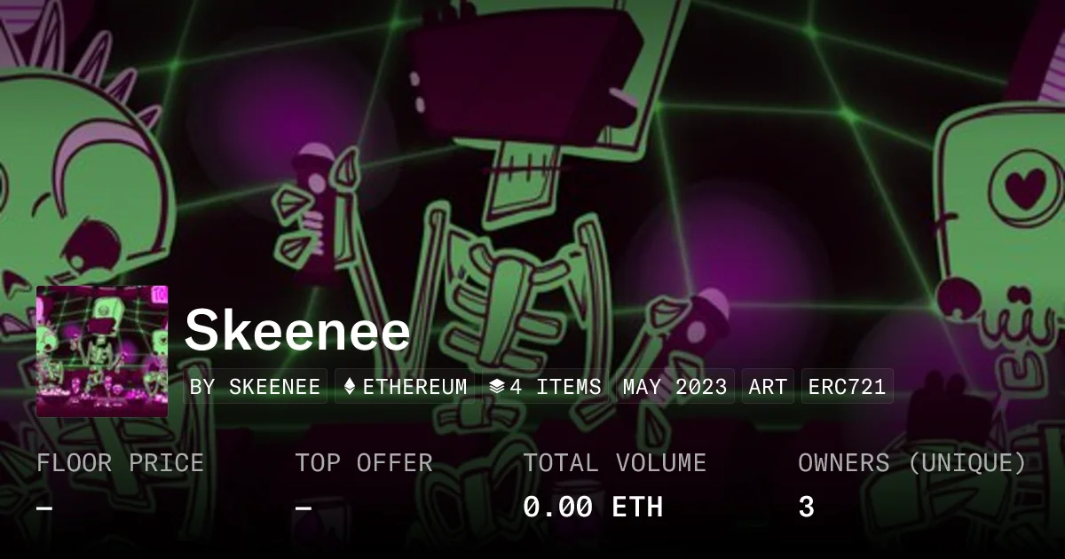 An NFT marketplace interface displaying Skeenee's digital art collection featuring neon-lit skull designs and blockchain metadata.