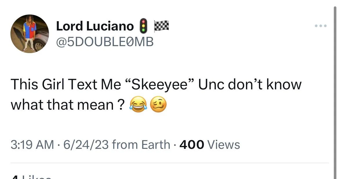 Skeenee — A Twitter post by @5DOUBLE0MB sharing a humorous exchange about receiving a text with the term 'Skeeyee'.