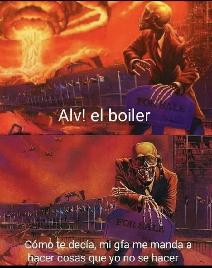 Skeleton Looking at Explosion — Spanish meme about broken boiler and grandmother tasks using Vic Rattlehead artwork