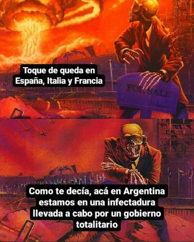 Skeleton Looking at Explosion — Spanish political meme about Argentina COVID restrictions using Vic Rattlehead artwork