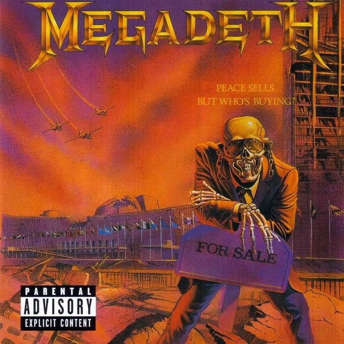 Skeleton Looking at Explosion — Megadeth Peace Sells But Who's Buying album cover featuring skeleton Vic Rattlehead with a For Sale sign