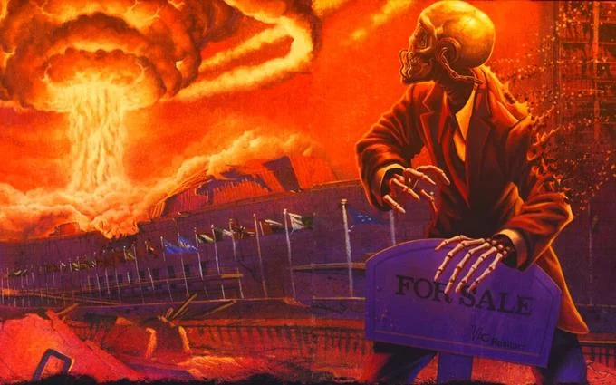 Skeleton Looking at Explosion — Cropped Vic Rattlehead artwork of skeleton with For Sale sign facing a mushroom cloud