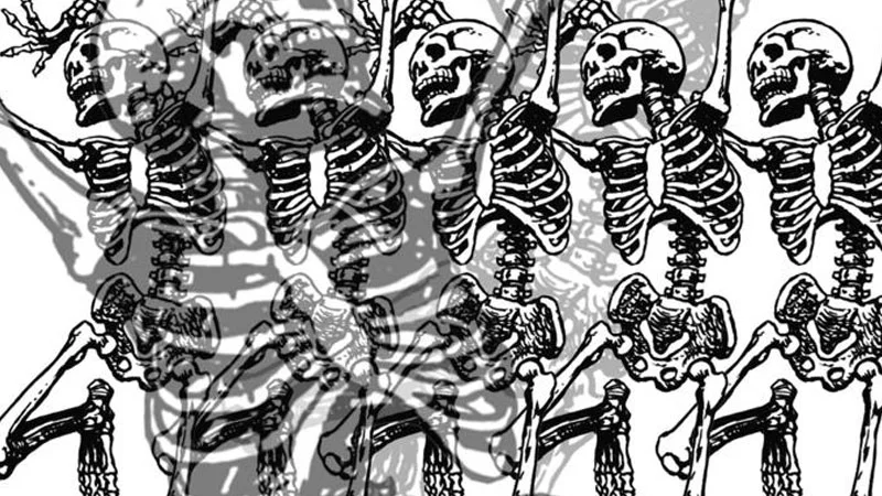 Skeleton War — Row of screaming skeletons with arms raised marching into battle in black and white illustration