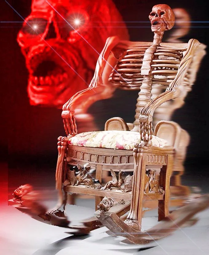 Glowing Eyes — Skeleton rocking chair with a giant red screaming skull behind it emitting laser eyes