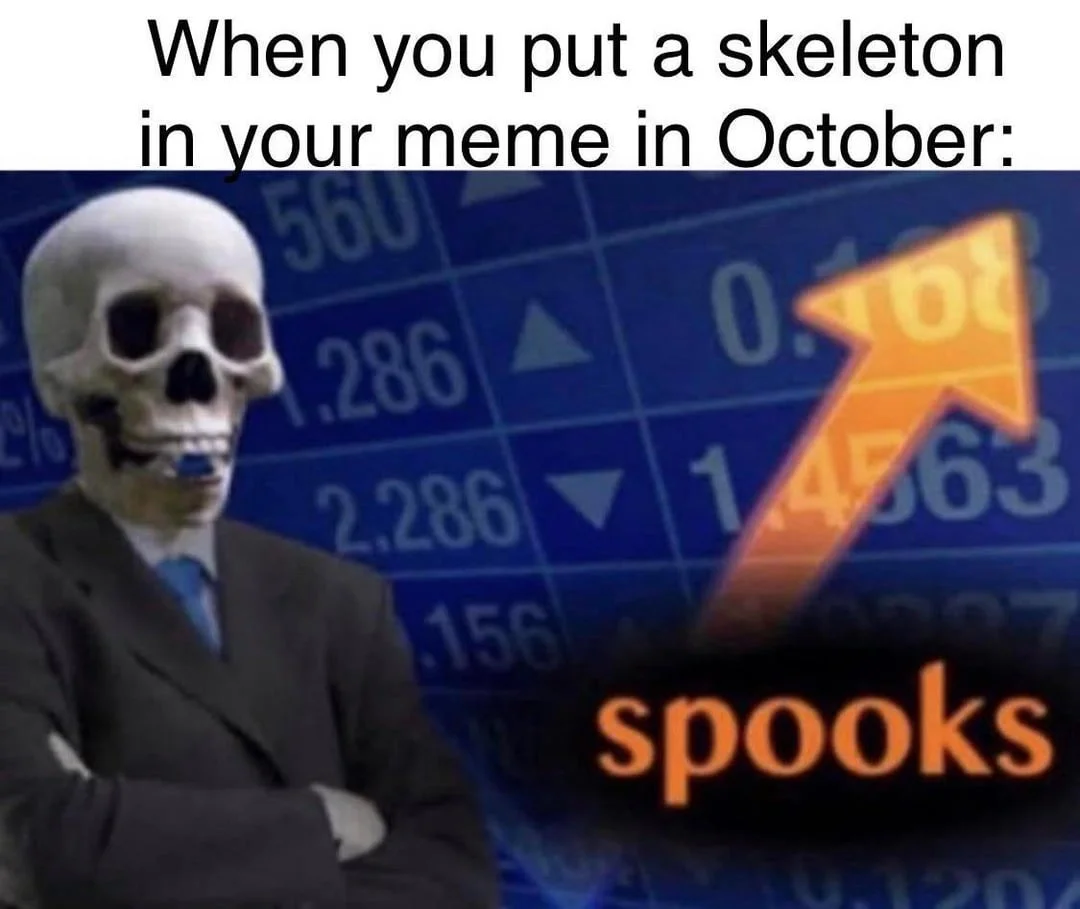 Skeletons — Skeleton in suit next to rising stock chart labeled 'spooks'
