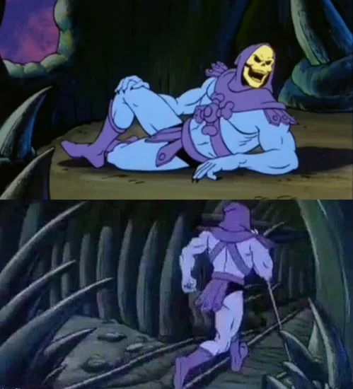 Clean Skeletor Facts meme template without text overlay, displaying the signature two-panel format with Skeletor speaking and running away.