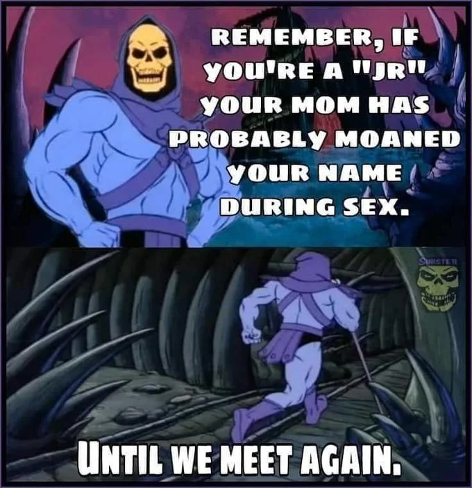 Skeletor Facts meme featuring Skeletor sharing a humorous fact about names and parental intimacy with bordered design.