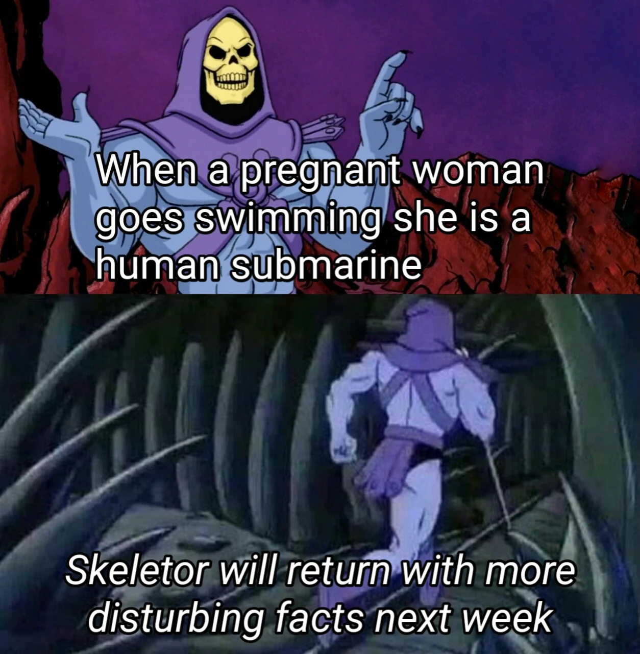 Skeletor in two panels presenting an absurdist fact about pregnant women swimming, with promise to return with more disturbing facts.