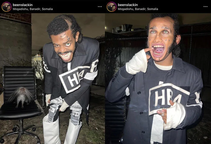 Skeletrix Island — Instagram screenshots of a pierced man in HBA clothing posing outdoors, tagged in Mogadishu, Somalia
