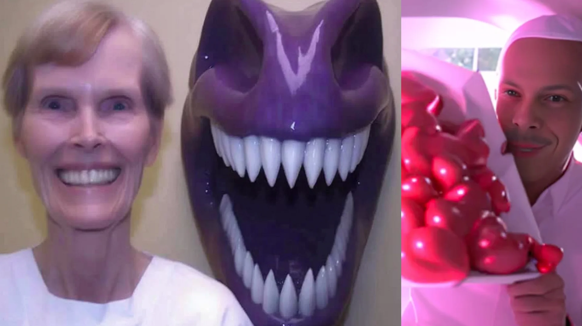 Collage of three surreal images from Skeletrix Island: smiling woman, purple fanged mask, and man with red balloons