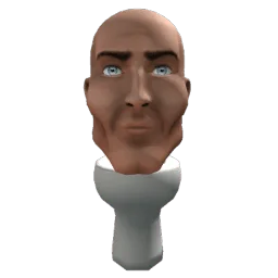 Skibidi Sigma — A 3D rendered image of a bald human head with intense blue eyes rising out of a white toilet bowl, recreating the Skibidi Toilet character.
