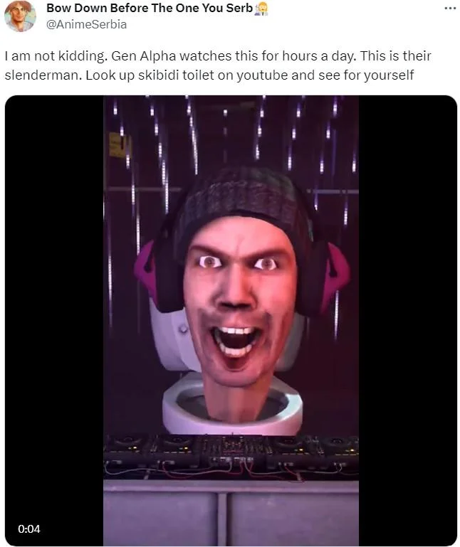 Skibidi Ohio Rizz — A Twitter screenshot showing a character from the Skibidi animation with intense expression against purple lighting, referencing Gen Alpha