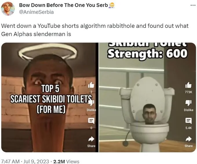 Skibidi Ohio Rizz — A Twitter screenshot displaying two scenes from the Skibidi animation series showing a man's face on a toilet and a toilet with a human