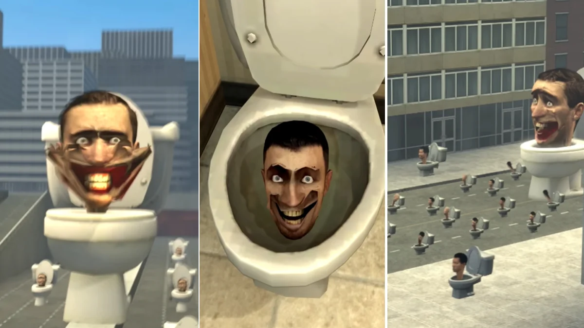 A three-panel scene from the Skibidi Ohio Rizz animation showing toilets with human faces and figures on a cityscape rooftop in Source Filmmaker style.