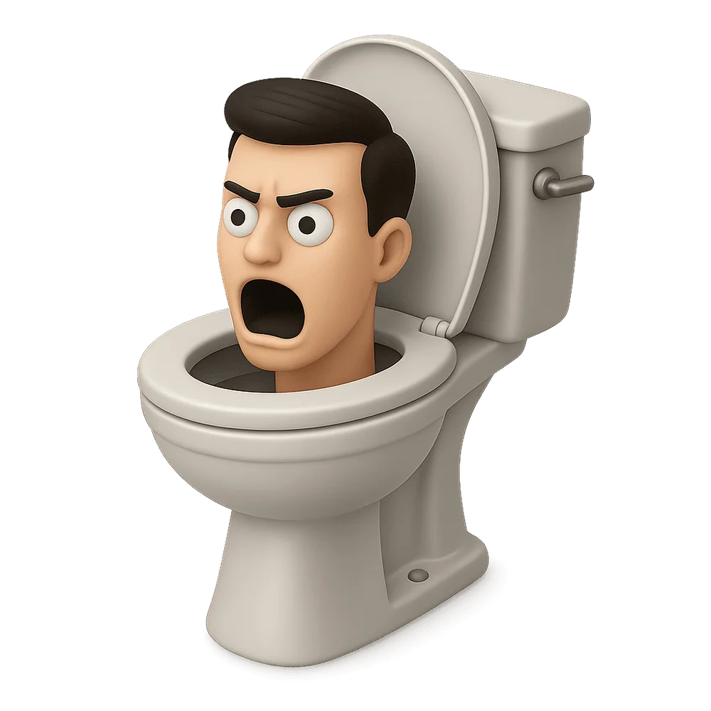 3D cartoon render of an angry male head emerging from a white toilet, stylized Skibidi Toilet character icon.