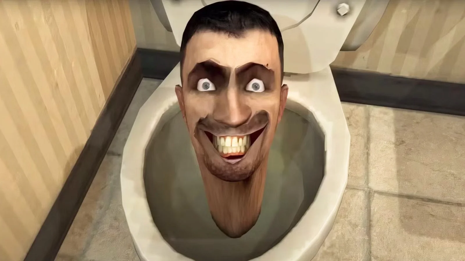 CGI humanoid head with wide grin and bulging eyes emerging from a white toilet bowl in the Skibidi Toilet meme.