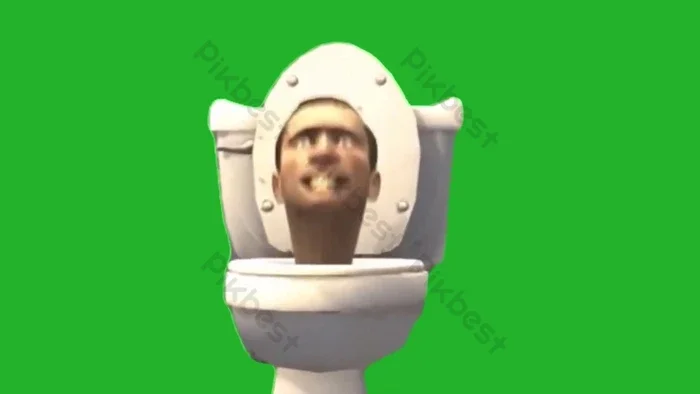 Skibidi Toilet CGI character on green screen background with Pikbest watermarks, humanoid head in toilet bowl.