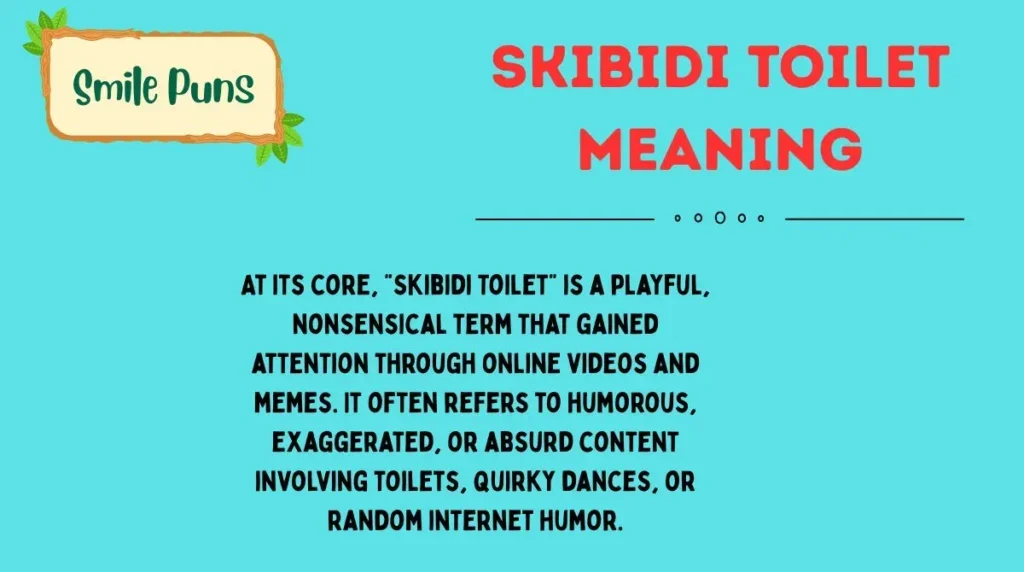 Teal infographic titled 'Skibidi Toilet Meaning' explaining the meme as absurd toilet-based internet humor.