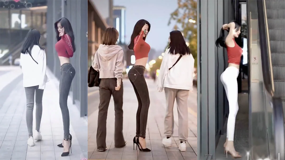 Skinny Girl Walking Sideways — Three-panel image of a woman in a red crop top walking sideways on city streets