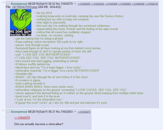 Screenshot of a 4chan greentext story about encountering and shooting a skinwalker in the woods