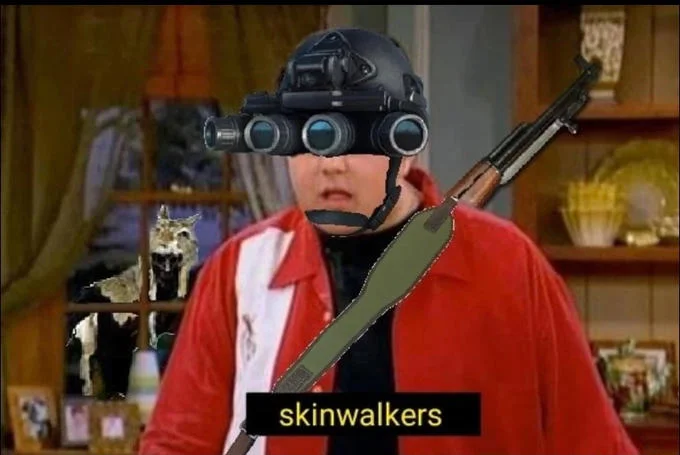 Josh Peck edited with night-vision goggles and rifle, with a skinwalker creature in the background
