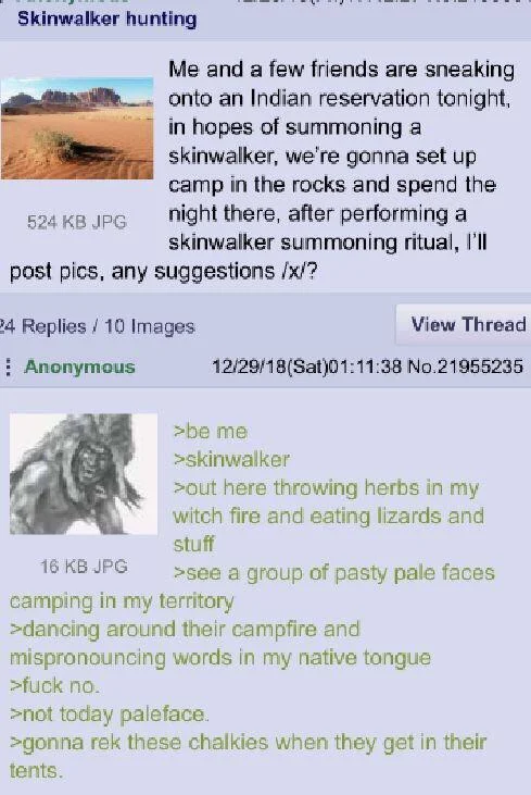 4chan /x/ thread about skinwalker hunting with a greentext reply written from a skinwalker's perspective