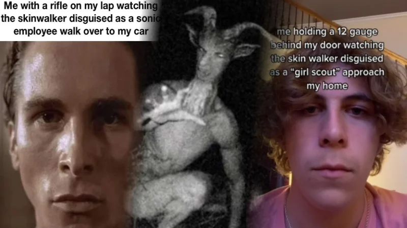 Three-panel skinwalker meme collage with Patrick Bateman, a black-and-white skinwalker illustration, and a teen with skinwalker captions