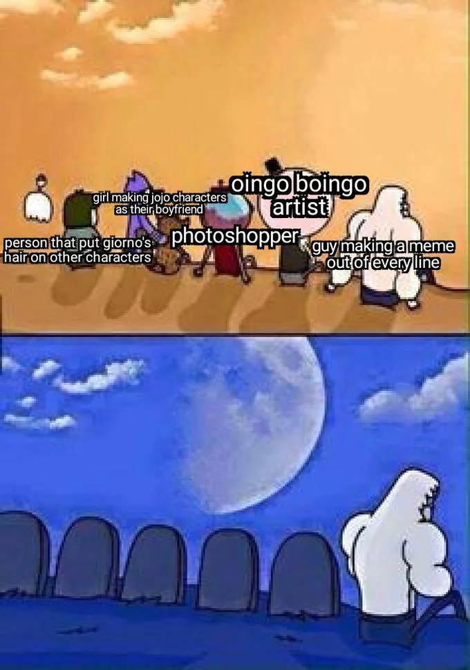 Skips Sitting Next To Graves — Skips graves meme labeling characters with types of JoJo's Bizarre Adventure fans