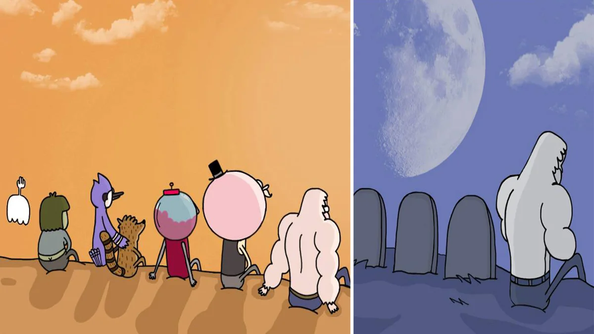 Skips Sitting Next To Graves — Two-panel Regular Show banner showing Skips with friends at sunset and later alone by graves under the moon