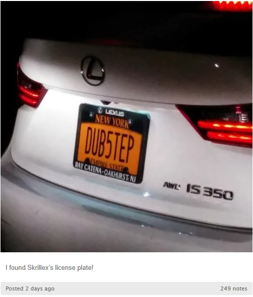 White Lexus with DUB5TEP New York license plate captioned as Skrillex's