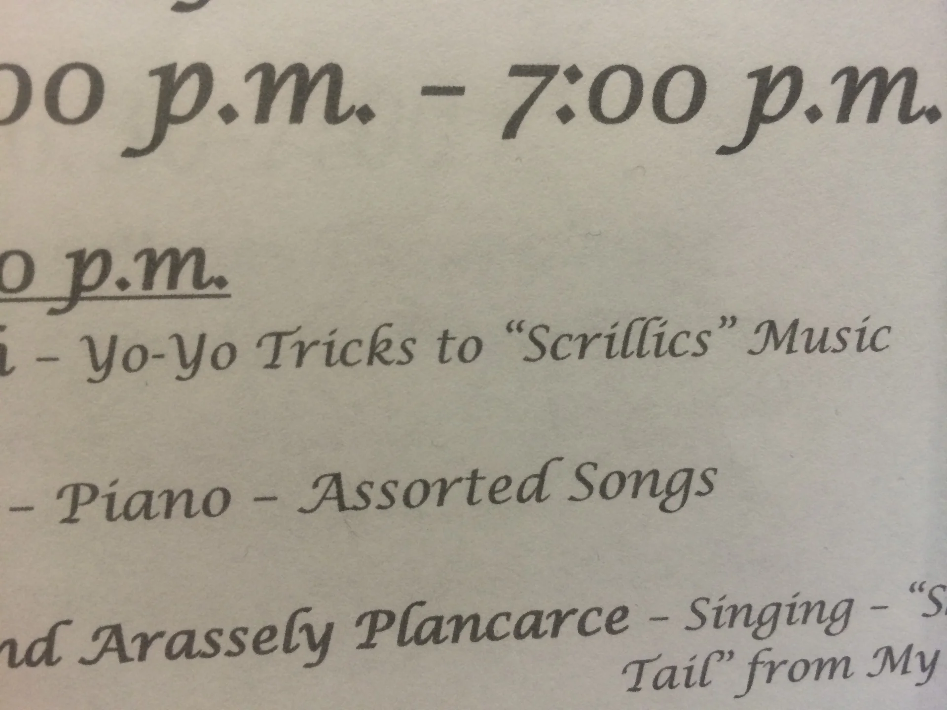 Skrillex — Printed program listing yo-yo tricks performed to Scrillics music