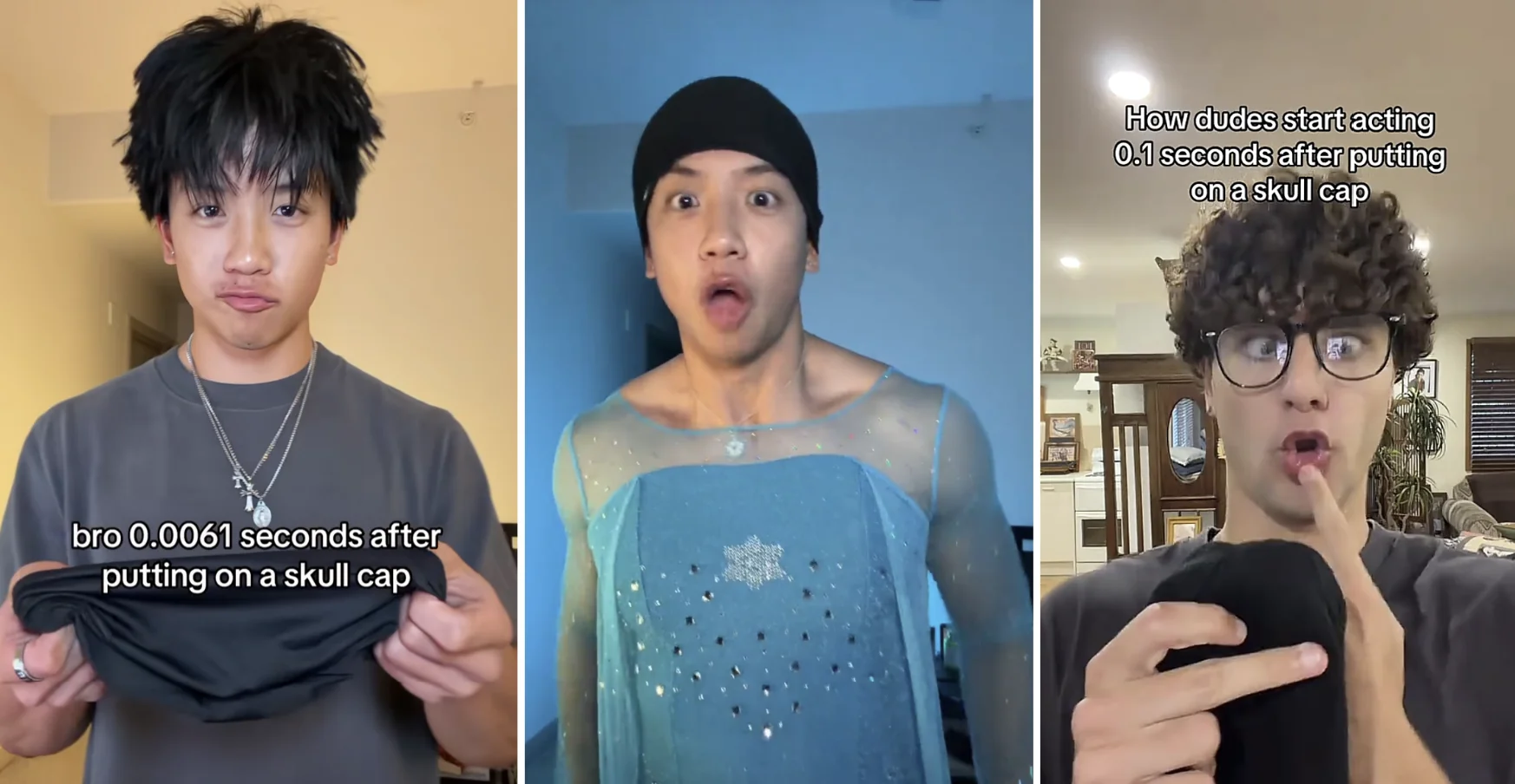 Skull Cap Trend — Three-panel TikTok collage of young men acting dramatically after putting on black skull caps, with one dressed as Elsa from Frozen