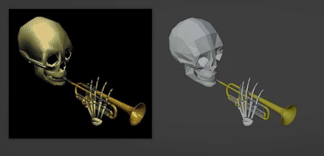 Side-by-side comparison of the original pixelated skull trumpet next to a modern high-resolution 3D remake