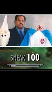 Skyrim 100 — A photograph of a business professional paired with a Skyrim Sneak 100 skill card overlay humorously suggesting covert maneuvering.
