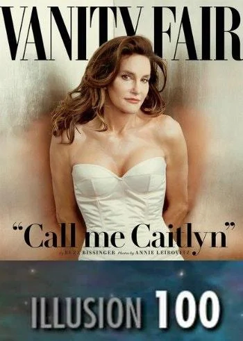 Skyrim Skill Tree — Caitlyn Jenner's Vanity Fair cover with 'Call me Caitlyn' caption paired with Skyrim 'ILLUSION 100' skill tree.