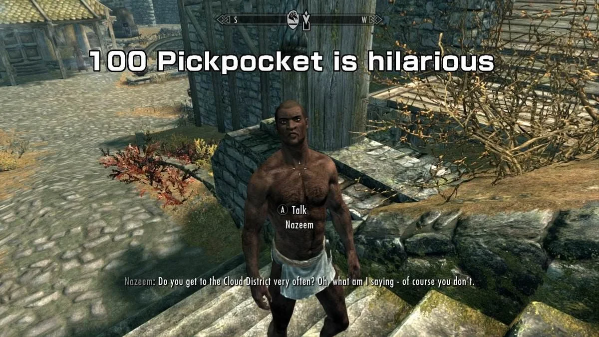Skyrim Skill Tree — A Skyrim in-game screenshot showing NPC Nazeem with text overlay about maxing out Pickpocket skill.