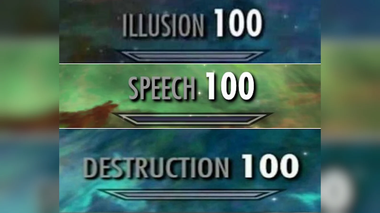 Skyrim Skill Tree — Three stacked Skyrim skill level-up notifications showing ILLUSION 100, SPEECH 100, and DESTRUCTION 100 against cosmic backdrop.