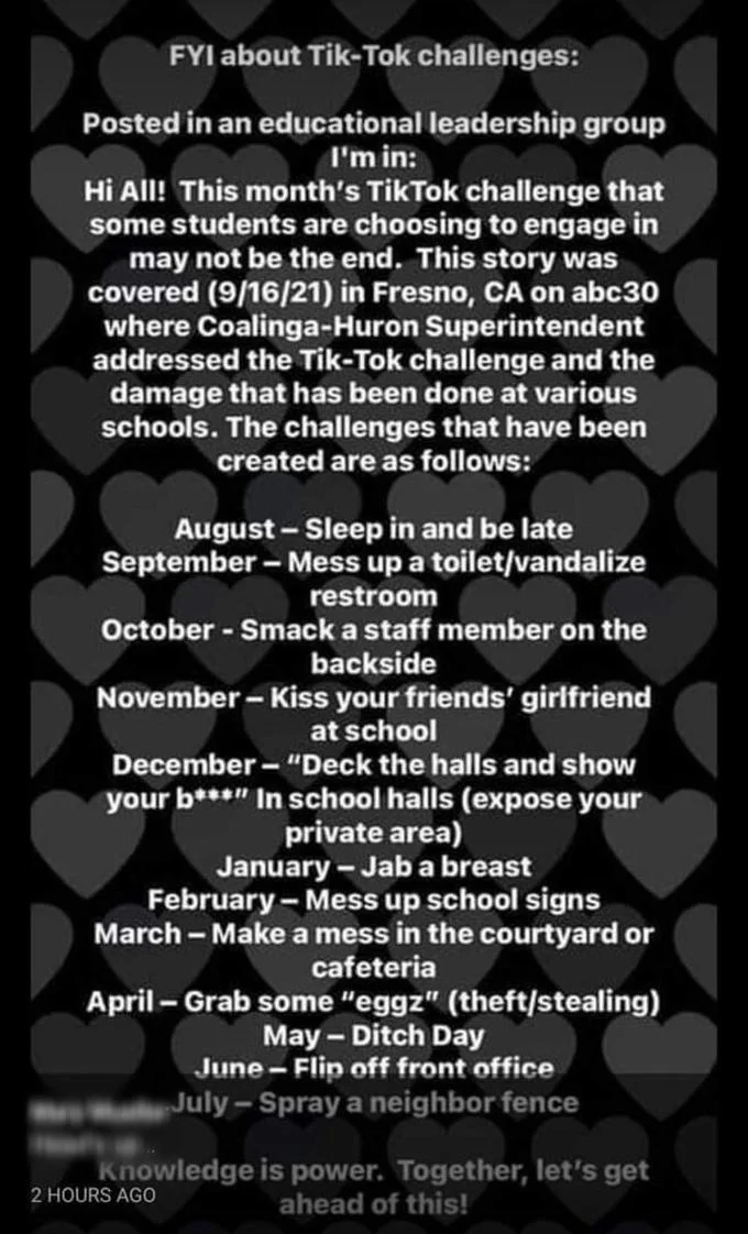 Slap A Teacher Challenge — Screenshot listing monthly TikTok school challenges including October slap a teacher warning