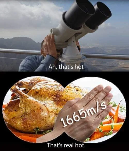 Slaps Chicken at 3275.95 MPH — Ah that's hot meme with binoculars and roast chicken slap at 1665 m/s
