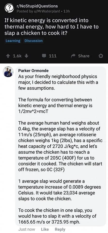 Slaps Chicken at 3275.95 MPH — Reddit screenshot with physics calculation for slapping a chicken to cook it